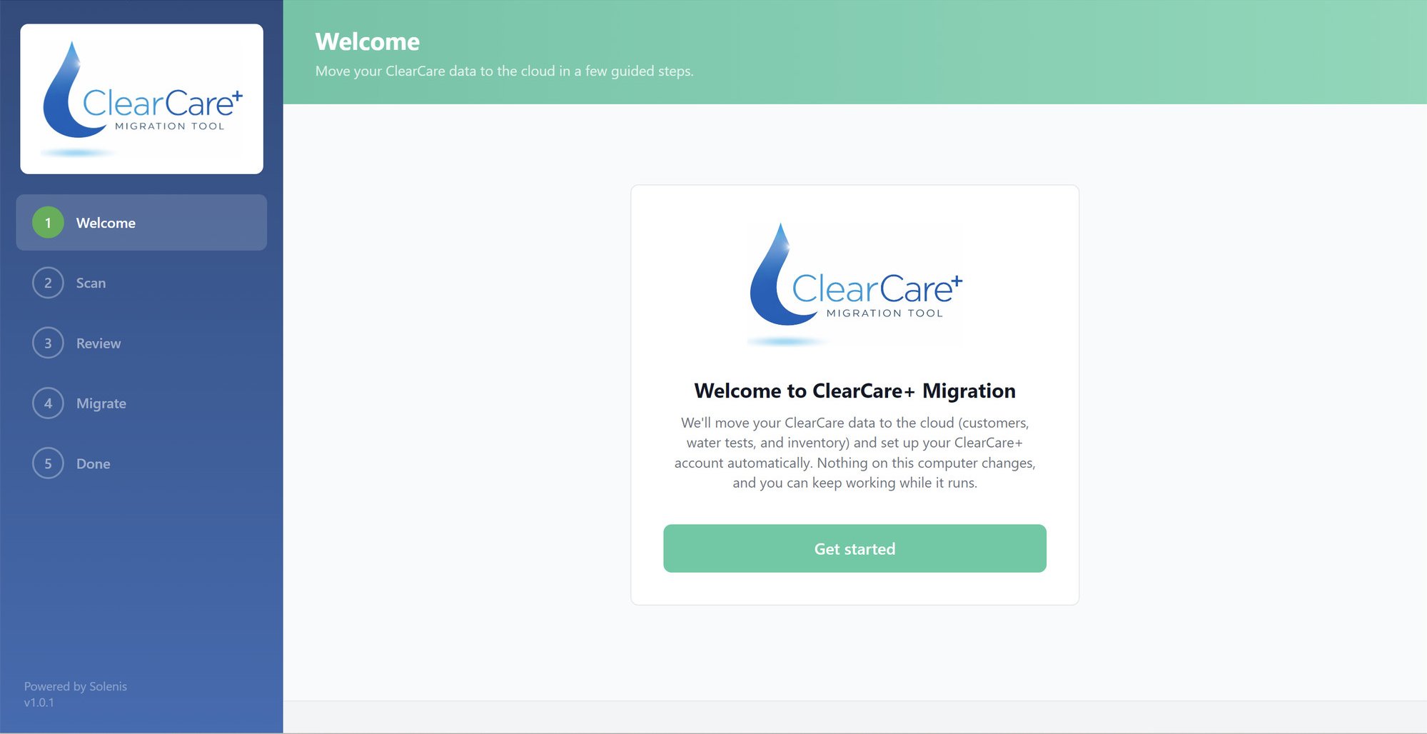 The ClearCare+ Cloud Migration & Sync Tool welcome screen with its five guided steps